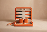 Compact Backgammon Deep Amber, travel board in premium PU leather, open