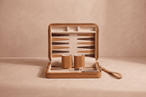 Compact Backgammon Camel, travel board in premium PU leather, open