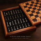 Felt-lined storage tray of the Wooden Inlay Chess, each brass and silver piece in its own cut recess beside the inlaid playing field