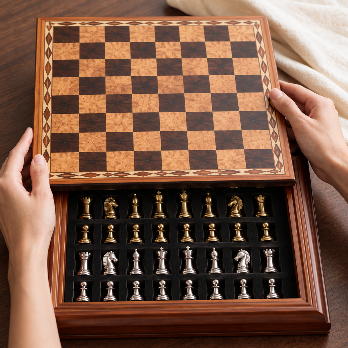 Hands lifting the playing field off the Wooden Inlay Chess case, revealing the felt-lined tray with a cut recess for each piece