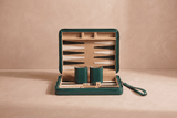 Compact Backgammon Bottle Green, travel board in premium PU leather, open