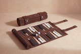 Roll-Up Backgammon Espresso Brown, genuine cow leather board unrolled with checkers and dice