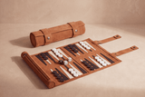 Roll-Up Backgammon Camel, genuine cow leather board unrolled with checkers and dice