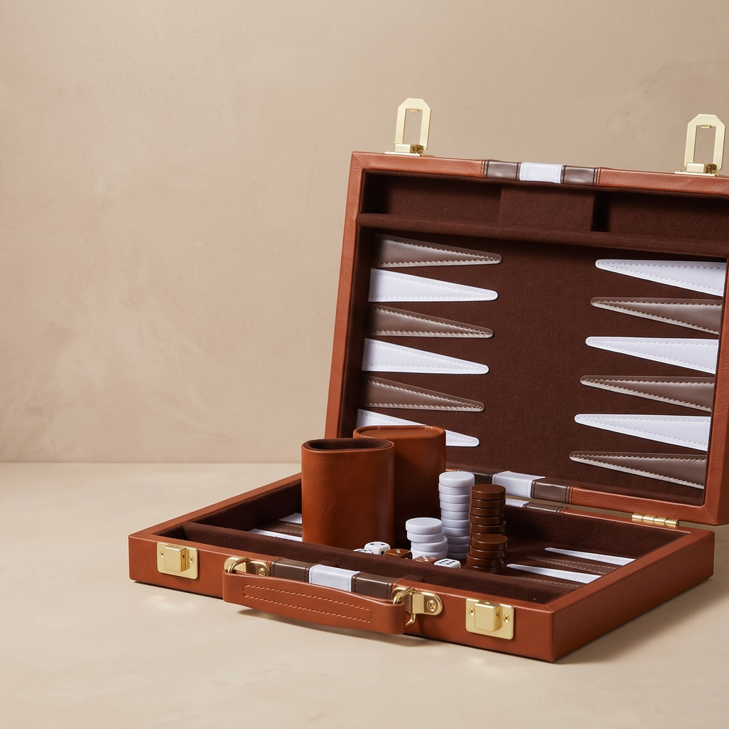 Signature Backgammon No. 1 — open cognac leather case, editorial hero