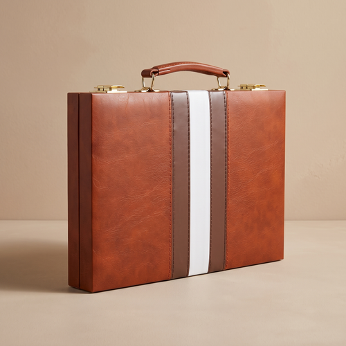 Signature Backgammon No. 1 — closed cognac leather travel case, front