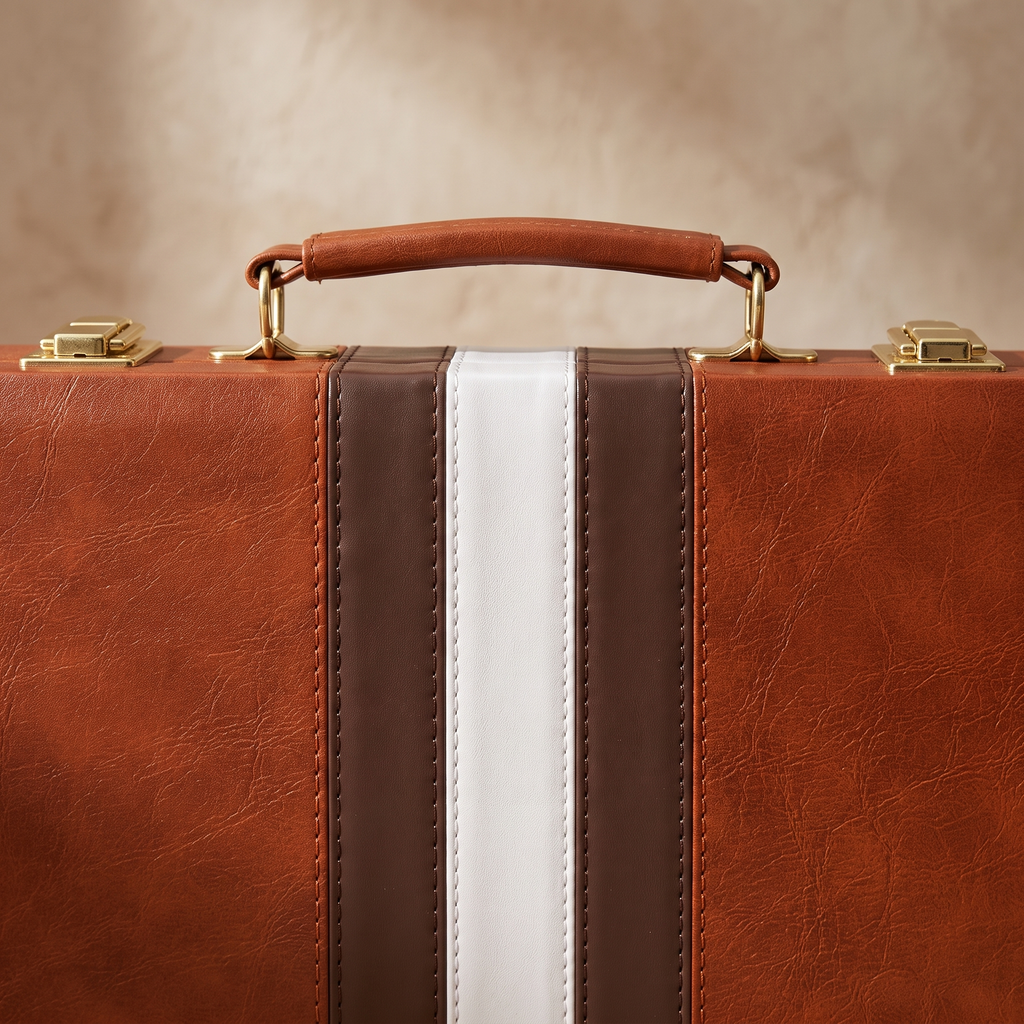 Signature Backgammon No. 1 — close-up of the centre stripe and brass hardware