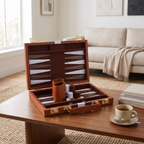 Signature Backgammon No. 1 — lifestyle, open cognac case mid-game on a walnut coffee table in a living room