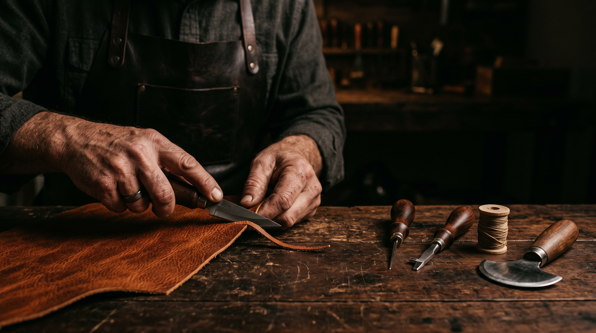 Leather craftsman cutting cognac leather by hand