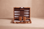 Signature Backgammon No. 1 open, cream and brown board with weighted checkers, dice and cups