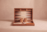 Wooden Inlay Backgammon open, points inlaid into solid wood with checkers and dice