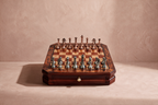 Cabinet Chess Burl, 12 inch octagonal wooden chess cabinet with burl board and metal pieces