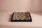 Folding Chess Ebony, 17.7 inch folding wooden board with chrome and gunmetal pieces