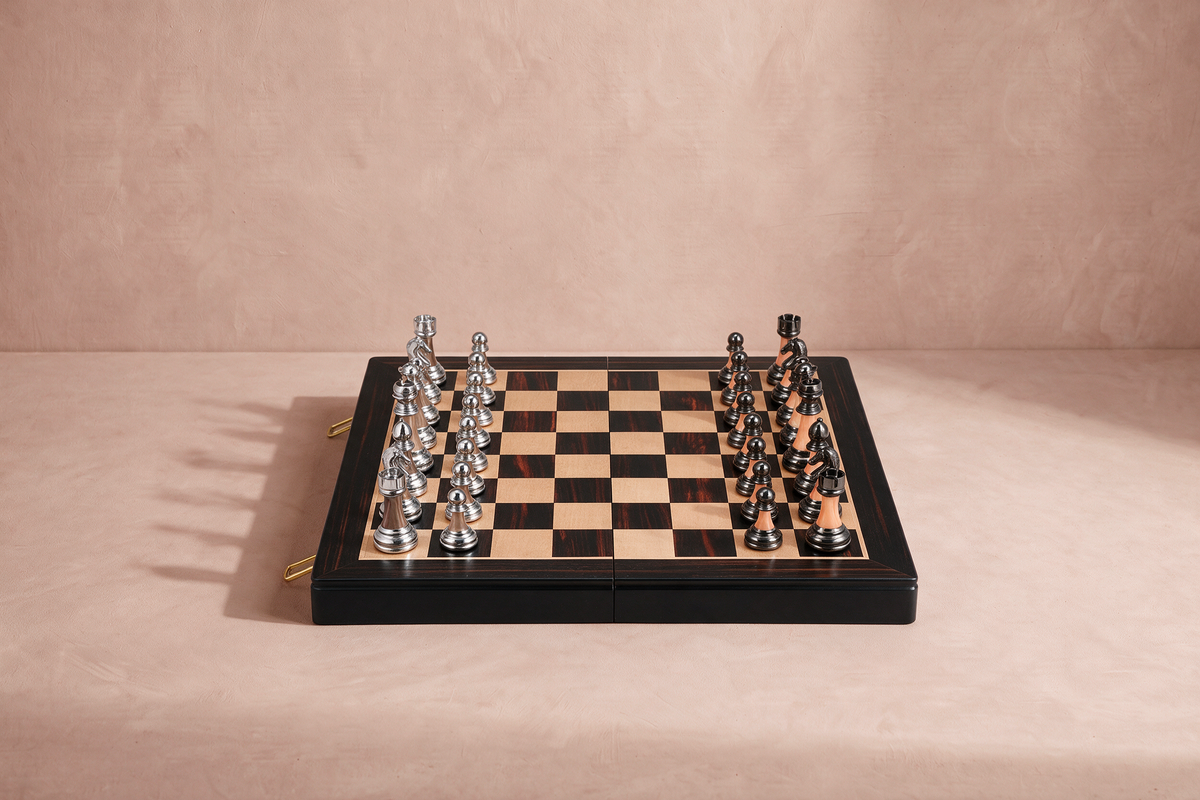 Folding Chess Ebony, 17.7 inch folding wooden board with chrome and gunmetal pieces
