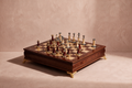 Cabinet Chess Walnut, 15 inch wooden chess cabinet on gilt feet with wood and metal pieces