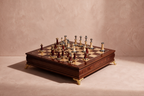 Cabinet Chess Walnut, 15 inch wooden chess cabinet on gilt feet with wood and metal pieces