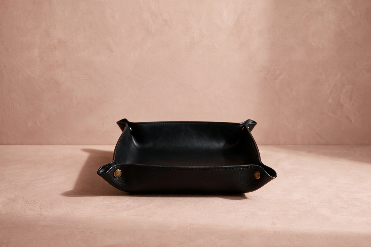 Folding Valet Tray in black faux leather with antique-brass press studs