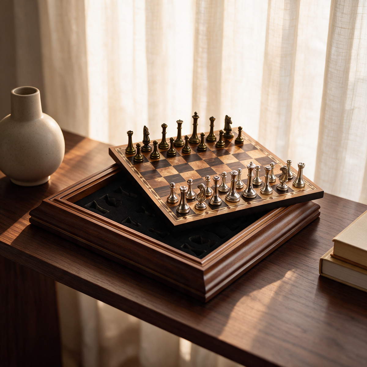 Wooden Inlay Chess set open on a walnut console table in a sunlit room