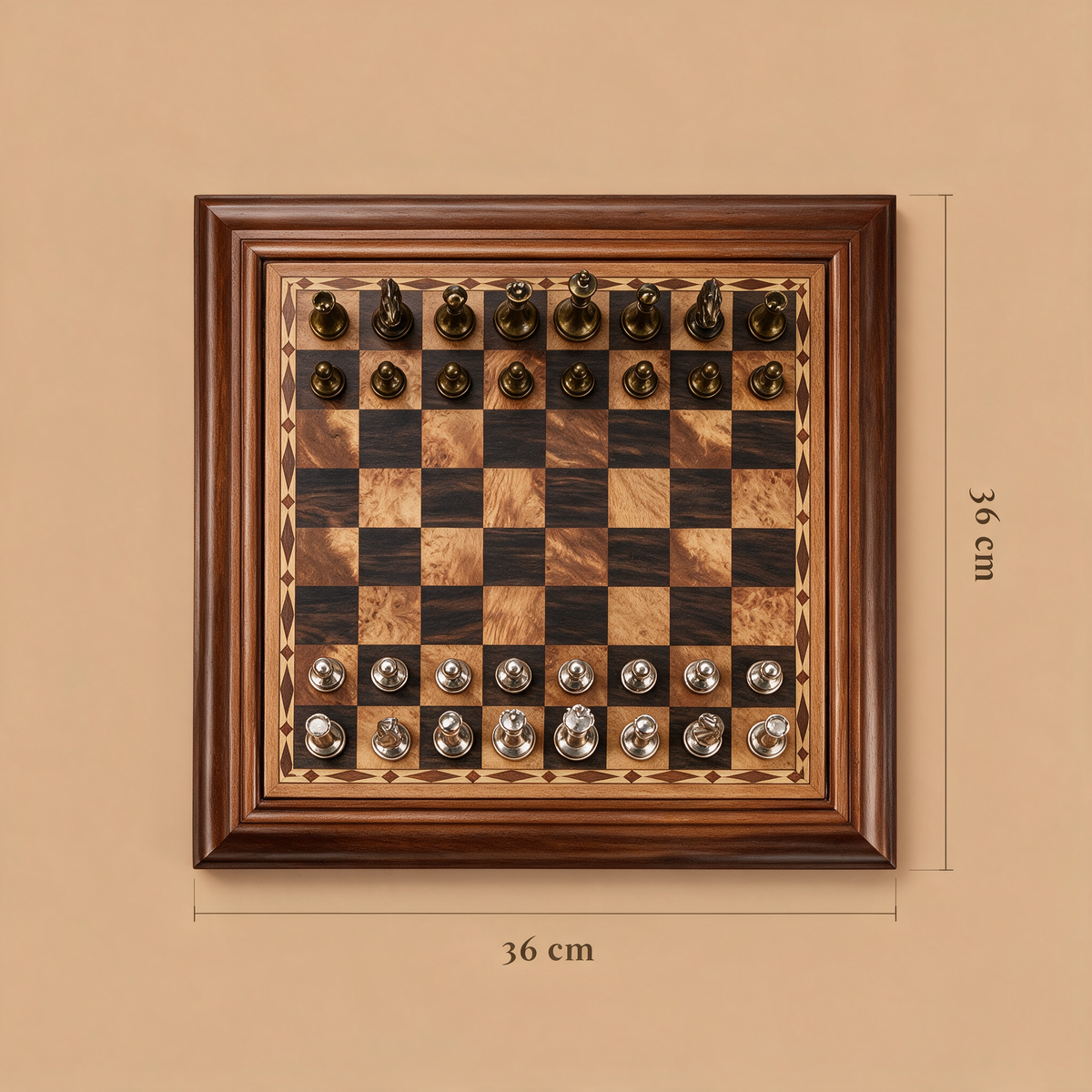 Wooden Inlay Chess dimensions, 36 by 36 cm case seen from above