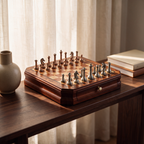 Cabinet Chess Burl on a walnut console table in a sunlit room