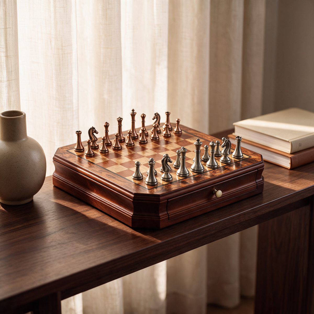 Cabinet Chess Burl on a walnut console table in a sunlit room