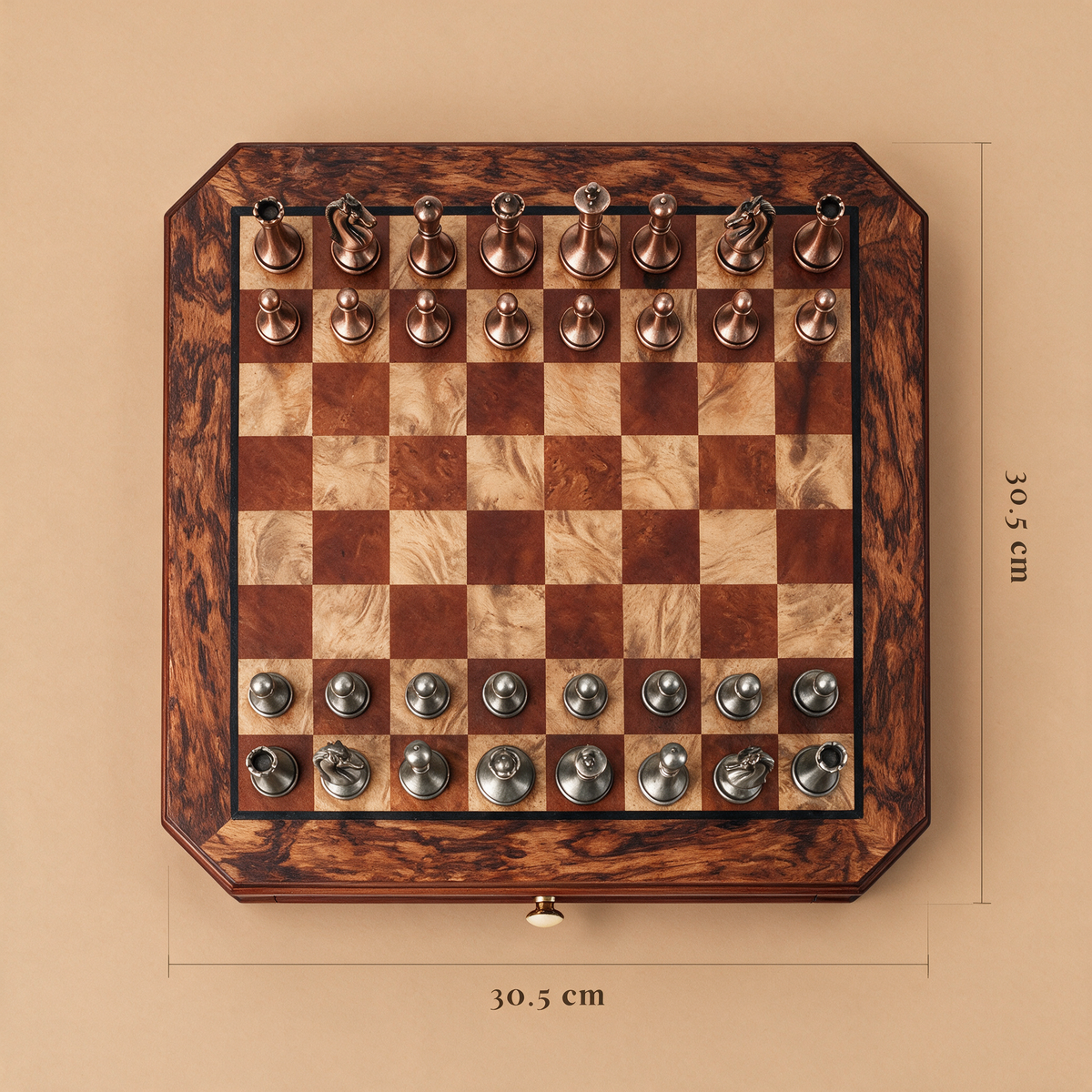 Cabinet Chess Burl dimensions, 30.5 by 30.5 cm seen from above