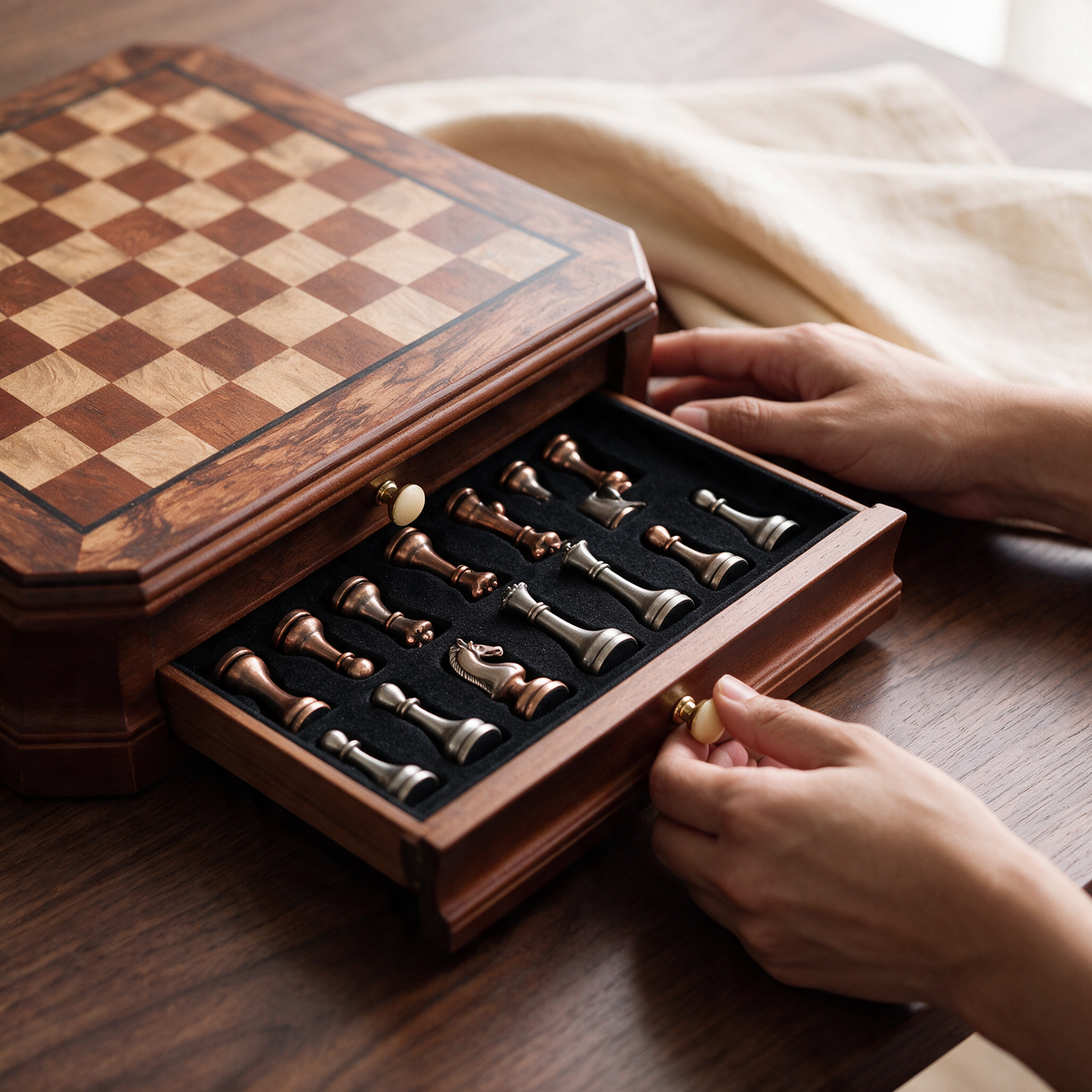 A hand drawing open the felt-lined drawer holding the chess pieces