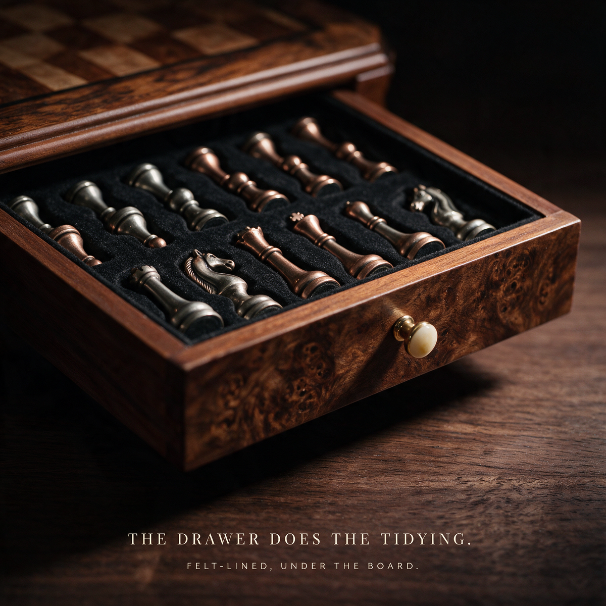 The felt-lined drawer set into the moulded base, pieces resting in cut recesses