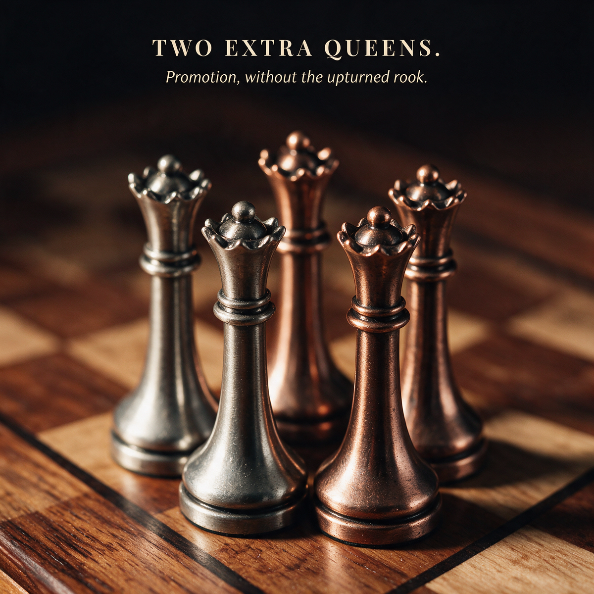 Extra queens in antiqued pewter and copper standing on the burl chessboard