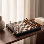 Folding Chess Ebony open on a walnut console table in a sunlit room