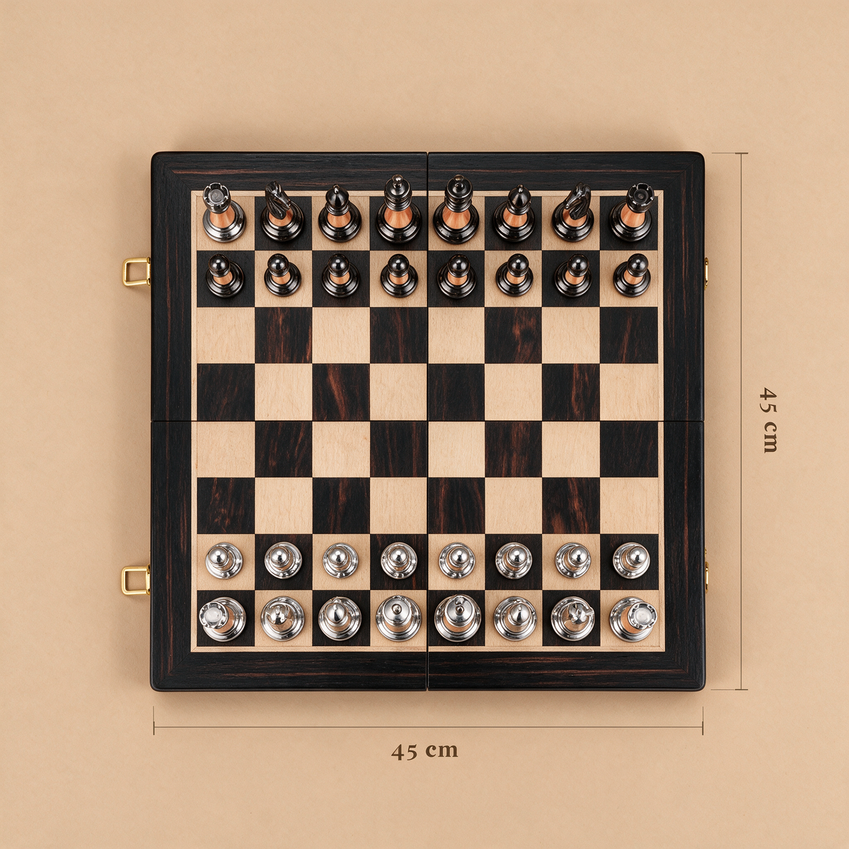 Folding Chess Ebony dimensions, 45 by 45 cm board seen from above