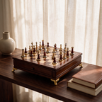 Cabinet Chess Walnut on a walnut console table in a sunlit room