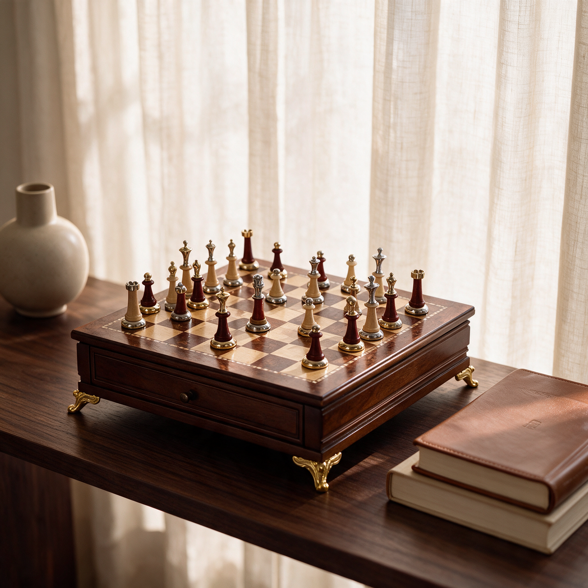 Cabinet Chess Walnut on a walnut console table in a sunlit room