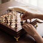 A hand setting a chess piece down on the burl playing field